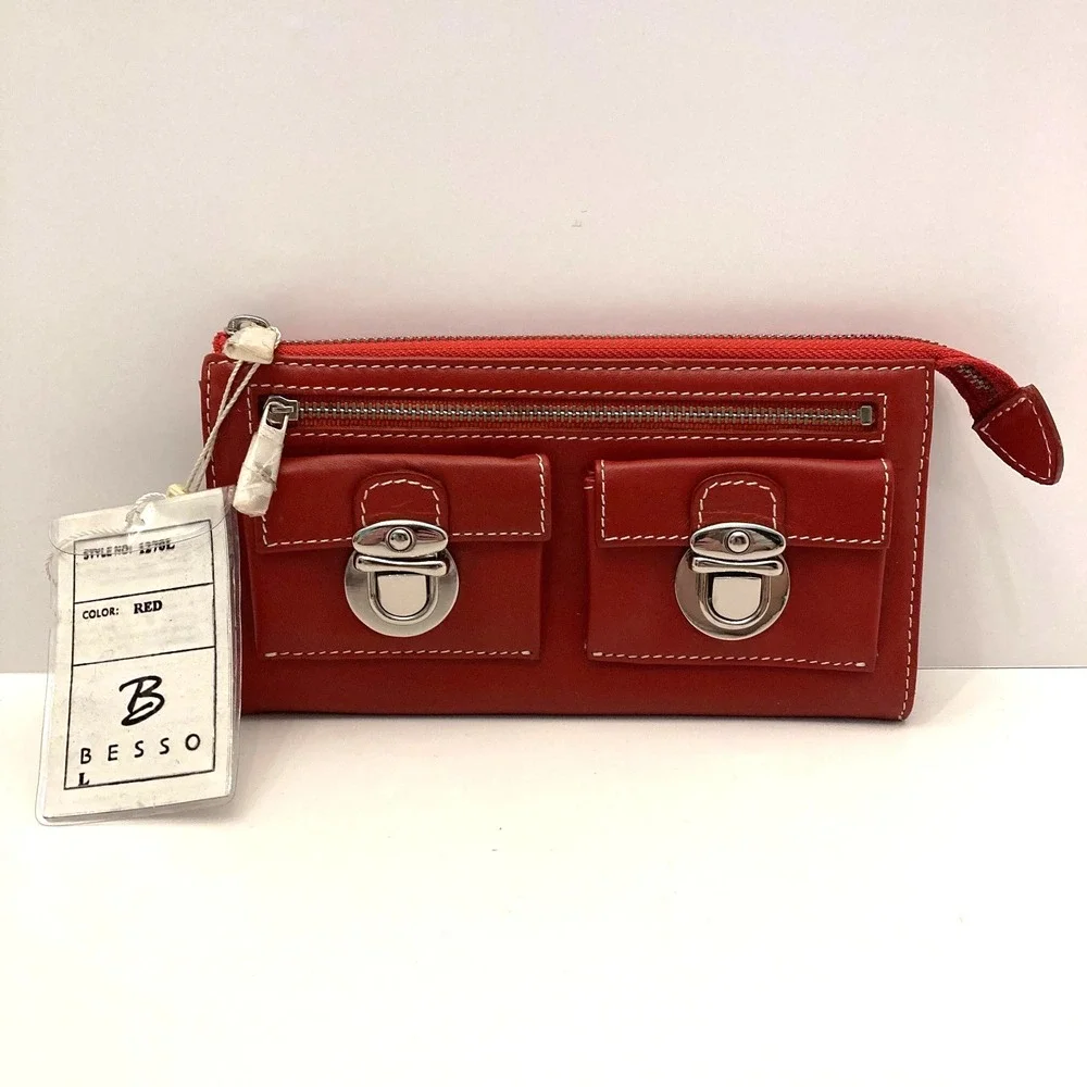 NWT Besso Red‎ Leather Wallet Double Clasp Pockets Zip Top Contrast Stitching